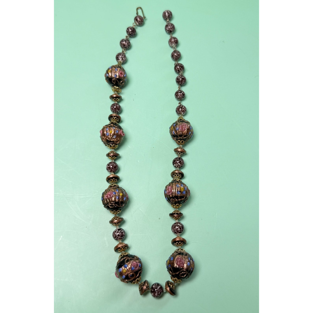 Vintage Venetian Wedding Cake Glass Bead Necklace Fiorato Black Gold Foil Italy - Picture 5 of 6
